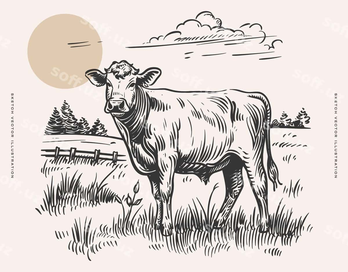 Moo maydon chizmasi illustratsiyasi | Cow field sketch illustration 1