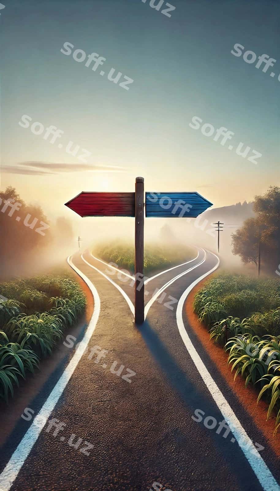 Yo'l belgilari bo'lgan chorraha | Crossroads with diverging roads signpost 1