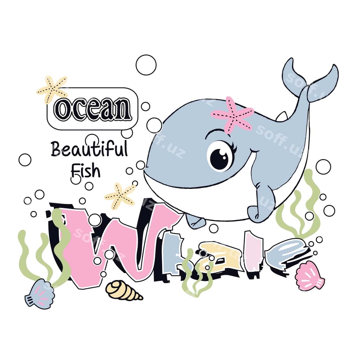 Chiroyli bala fil vektor ko'k okean | Cute baby whale vector blue ocean 1