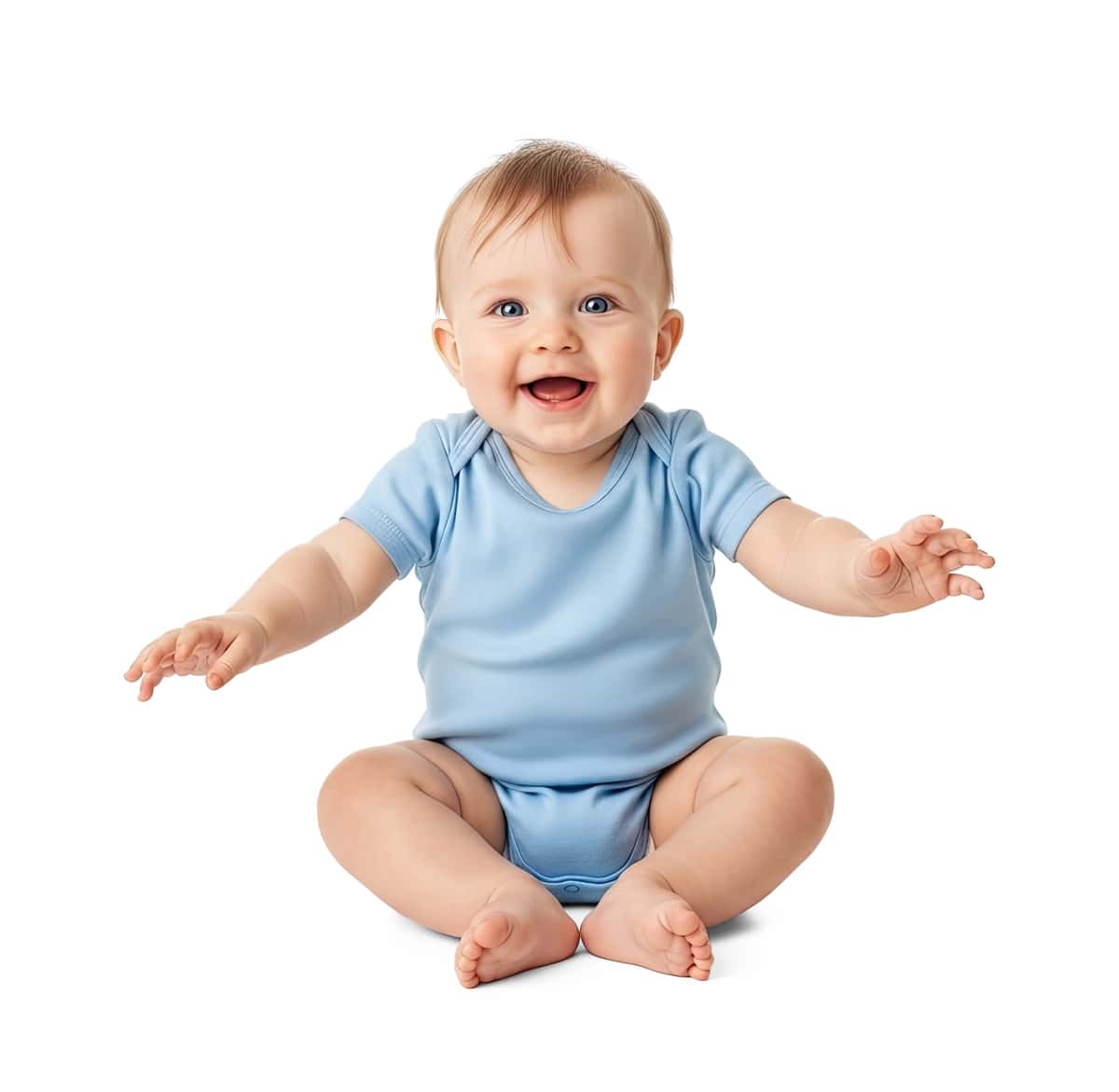 Oq polda o'tirgan ko'k rangli ko'ylak | Baby blue onesie sitting white floor 1