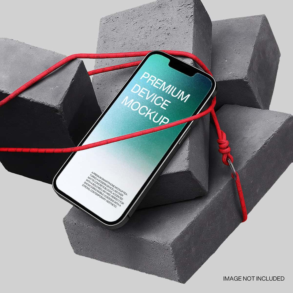 Qizil simli beton bloklari bilan smartfon maketi | Smartphone mockup with red cord concrete blocks 1