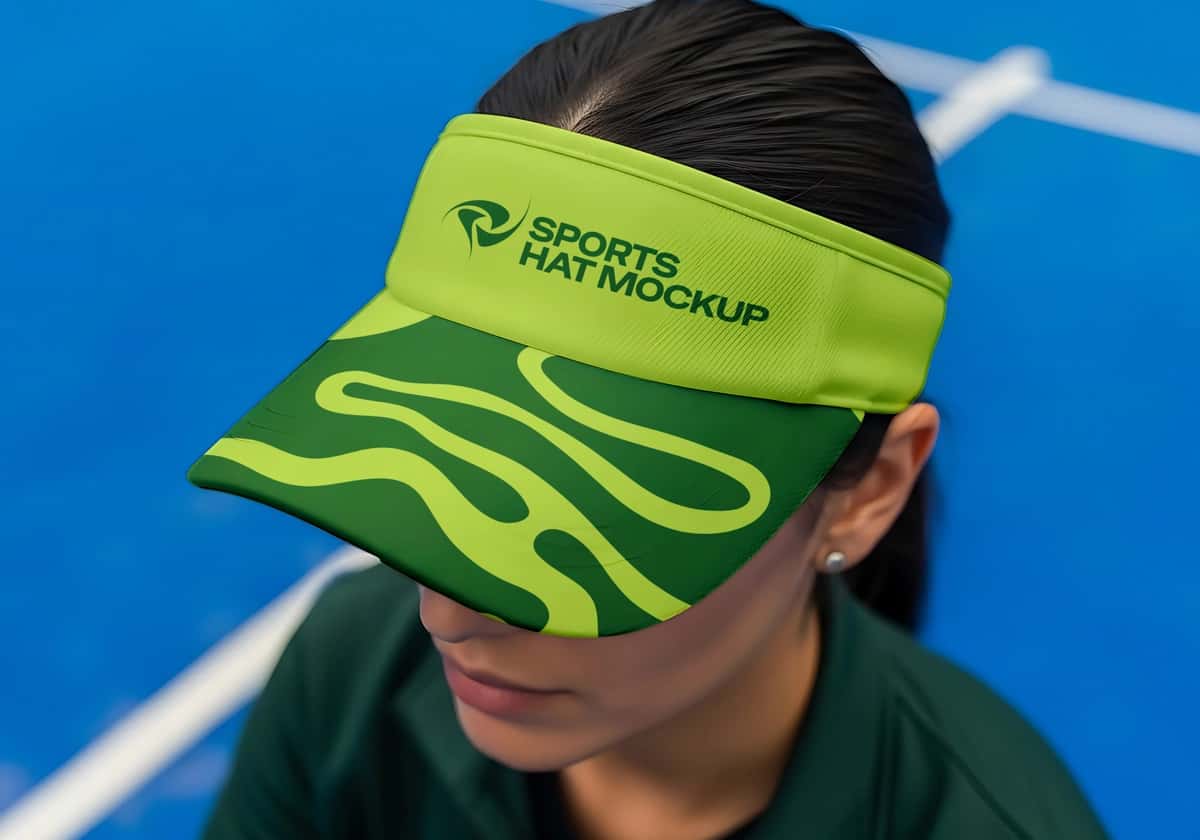 Moviy sportchi kortida kiyiladigan moslashtirilgan sport visor maketi | Customizable sports visor mockup worn by athlete blue court 1