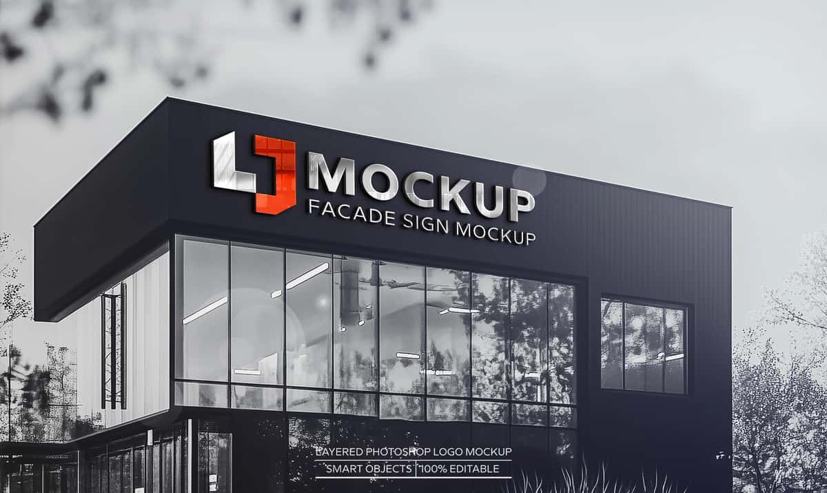 3D logotip maketi bilan zamonaviy bino jabhasi | Modern building facade with 3d logo mockup 1