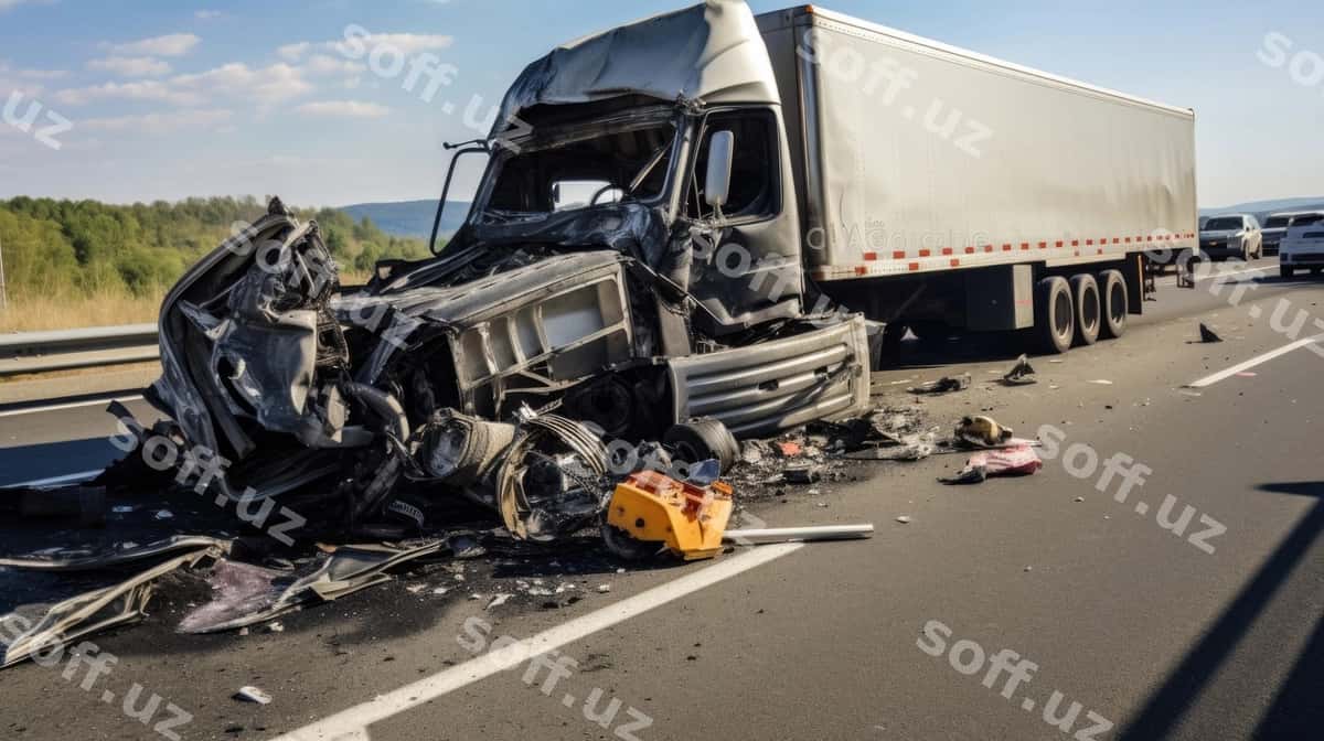 Yo'l-transport hodisasidan keyin shikastlangan yuk mashinasi | Damaged truck after accident highway 1