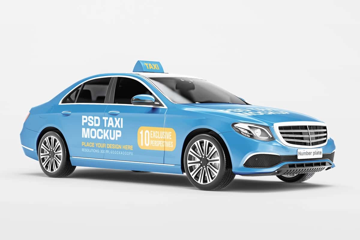 3D renderlangan yoʻlovchi taksi mashinasi maketi old oʻngdan istiqbolli koʻrinish | 3d rendered passenger taxi car mockup front right perspective view 1