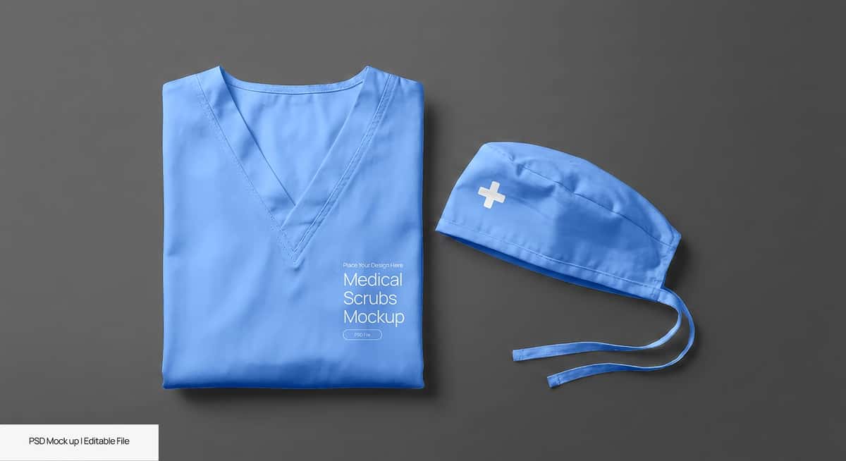 Tibbiy skrablar uchun qalpoqcha maketli sog'liqni saqlash formasi taqdimoti | Medical scrubs cap mockup healthcare uniform presentation 1