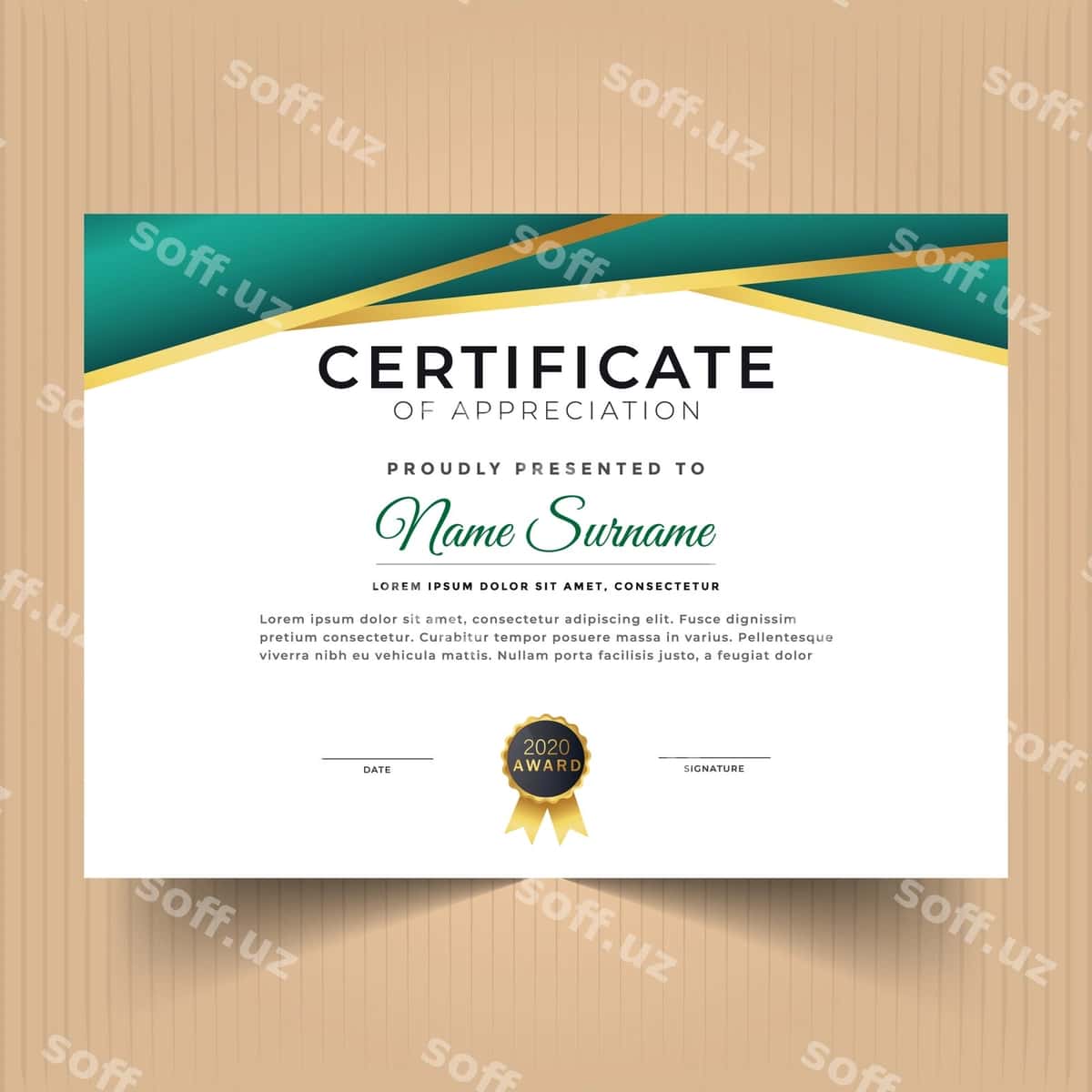Dizayn sertifikat qadr-qimmatlilik shabloni | Design certificate appreciation template 1