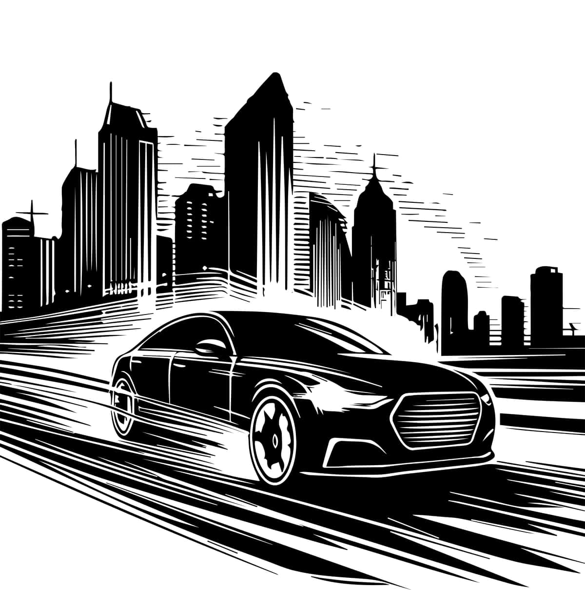 Bepul vektorli qo'lda chizilgan mashinada shaharning asosiy yo'li silueti bor | Free vector handdrawn car has driving city main road silhouette 1
