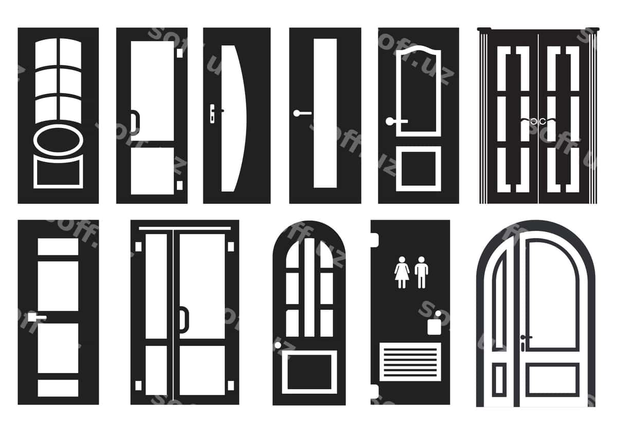 Eshalar ajralangan vektorlarni siluet sifatida oʻrnatgan. | Doors set isolated vectors silhouettes 1