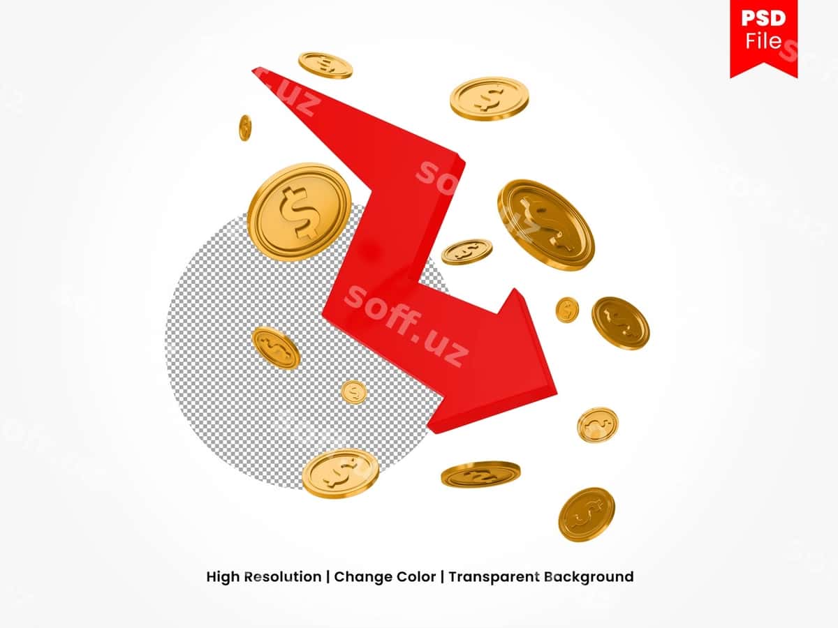 Pastga qaraltilgan strelka tangalar bilan 3d render | Down arrow with coins 3d render 1