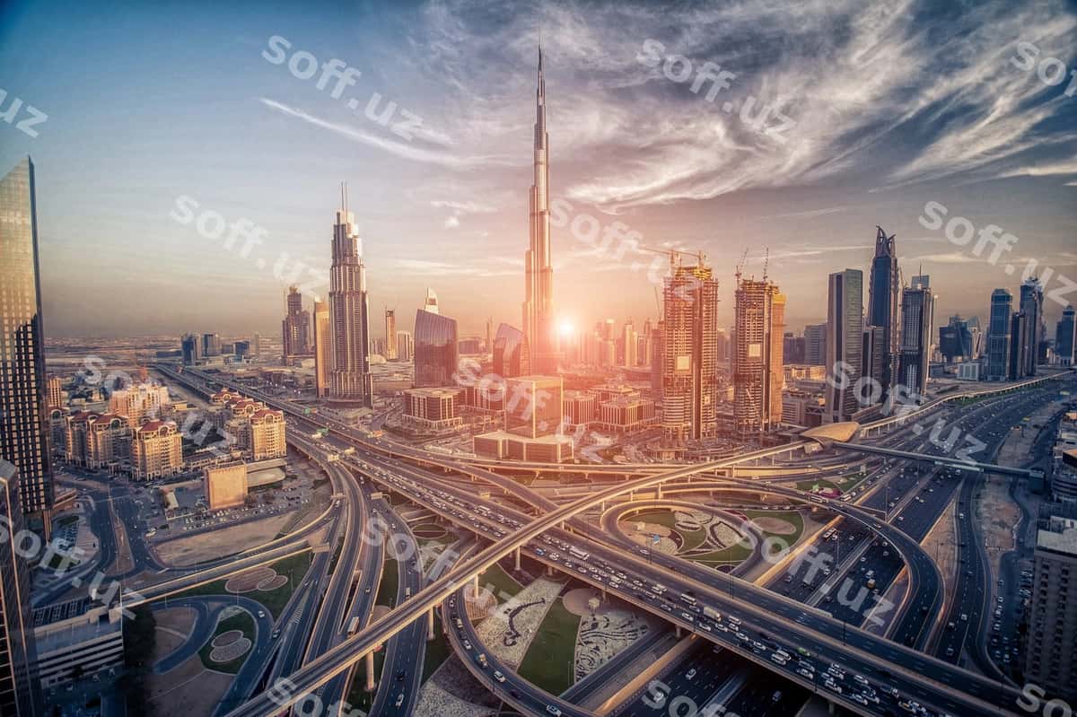 Dubai shahar konturu kechki paytda quyosh botirganda | Dubai skyline evening about sunset 1
