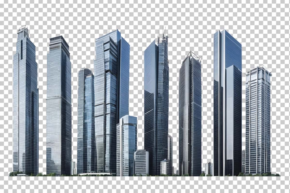 Shaffof fonda zamonaviy osmono'par binolarning silueti | Modern skyscrapers silhouette against transparent background 1