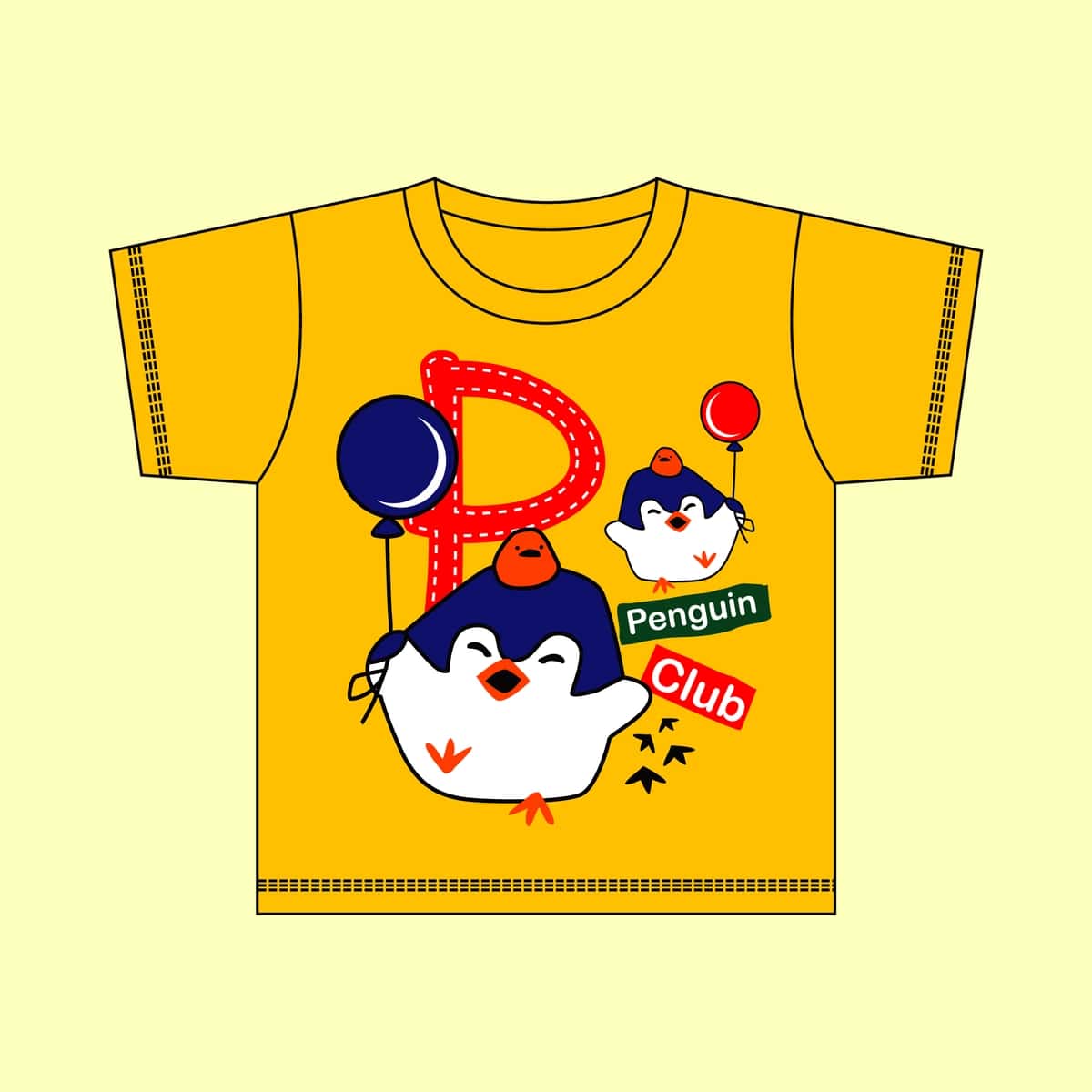 Multfilm pingvinlari dizayndagi p harfi bilan sariq ko'ylak | Yellow shirt with letter p itdesign cartoon penguins 1