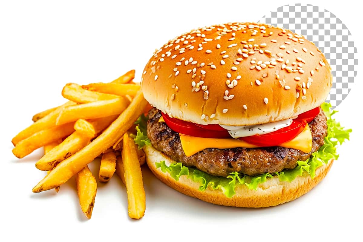 Fast tamaddi qilishga nosog'lom ovqatlanish tushunchasi shaffof burger frini yopish | Fast food unhealthy eating concept close up fries burger transparent 1