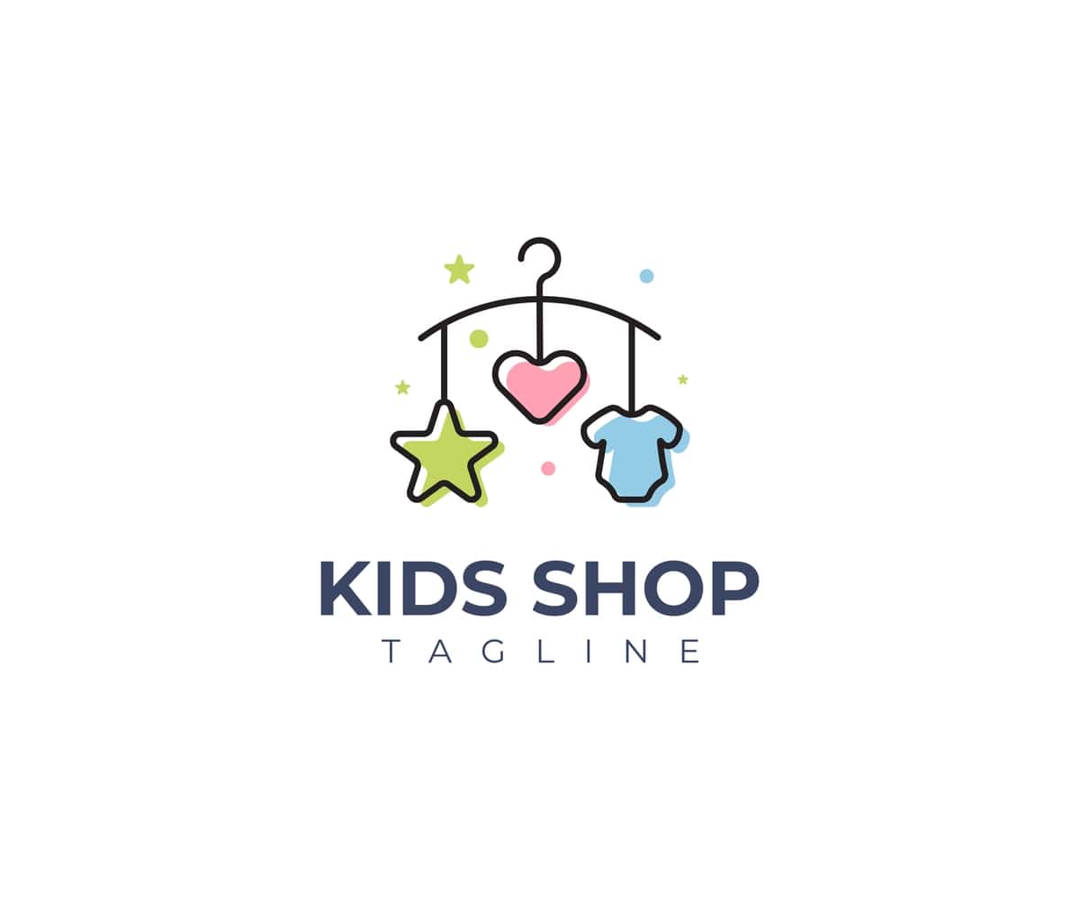 Bolalar do'koni logotipi chaqaloq mobil kiyimlari chizilgan dizayn | Kids shop logo baby mobile clothing line art design 1