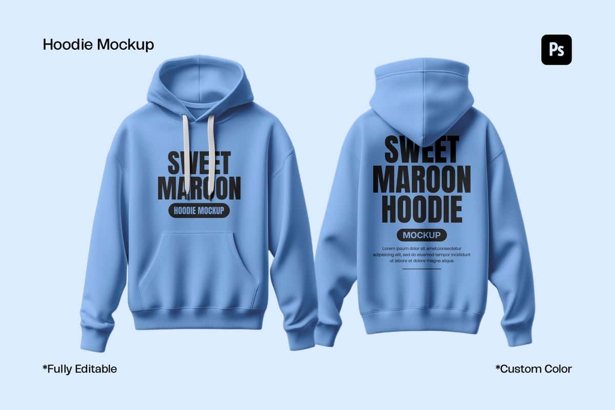 Oldindan orqa koʻrinishga ega haqiqiy ochiq koʻk qalpoqli maket shabloni | Realistic light blue hoodie mockup template with front back views 1