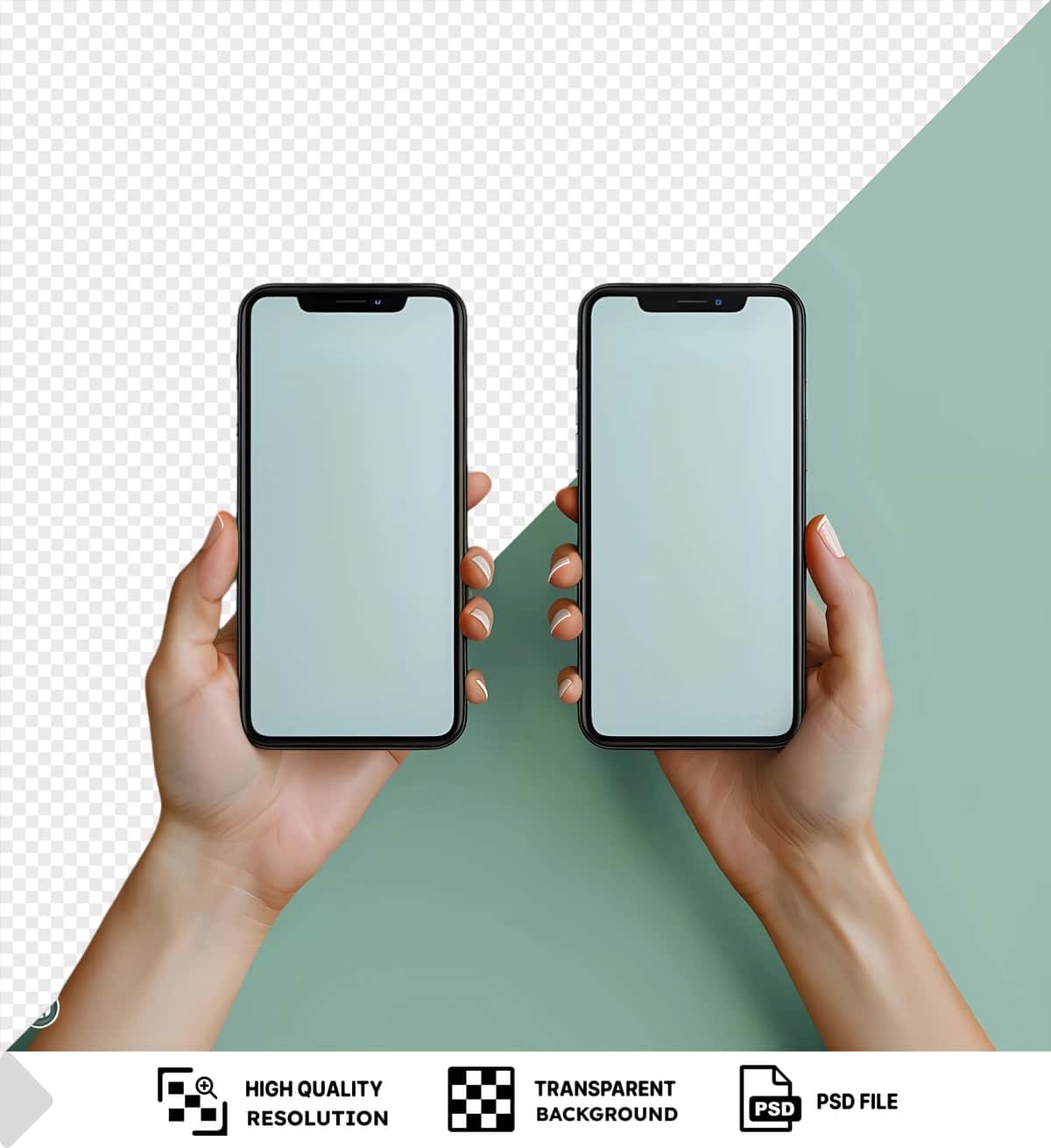 Qora smartfonni ushlab turgan ayol qo'li bilan shaffof fon | Transparent background with isolated woman hand holding black smartphone 1