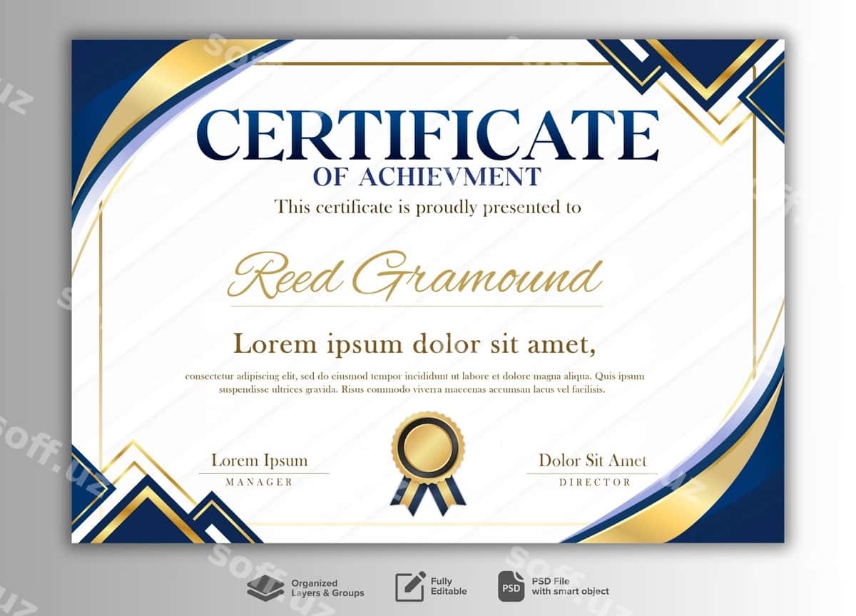 Chiroyli ko'k sertifikat shabloni | Elegant blue certificate template 1