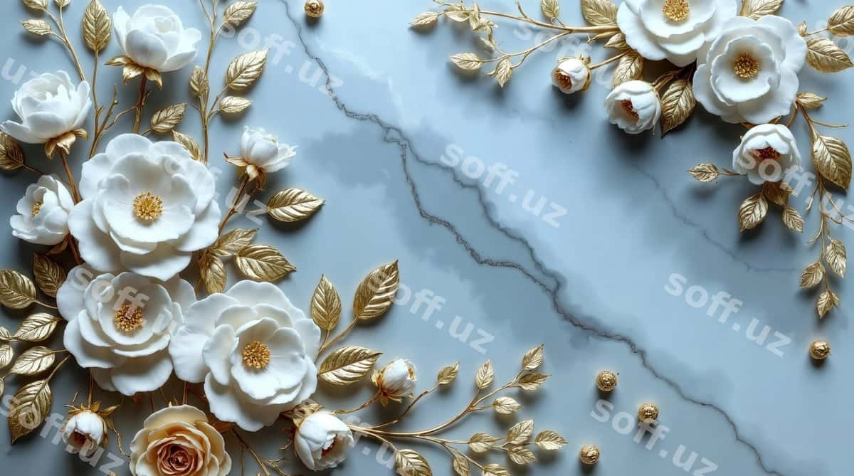 Nafis oq atirgullar marmardan oltin aksanlar | Elegant white roses gold accents marble 1