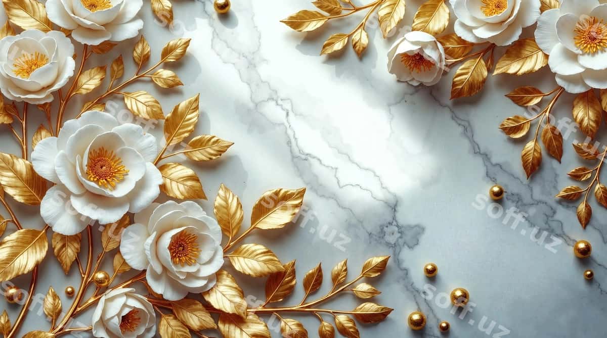 Nafis oq atirgullar oltin barglari marmar | Elegant white roses gold foliage marble 1