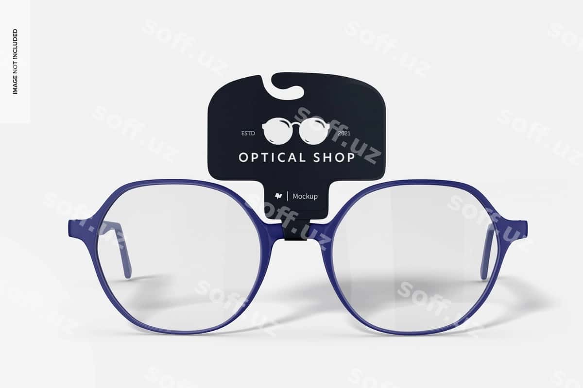 Etiketkali ko'z qo'lliqi namunasi old tomonga ko'rinish | Eyeglasses with tag mockup front view 1