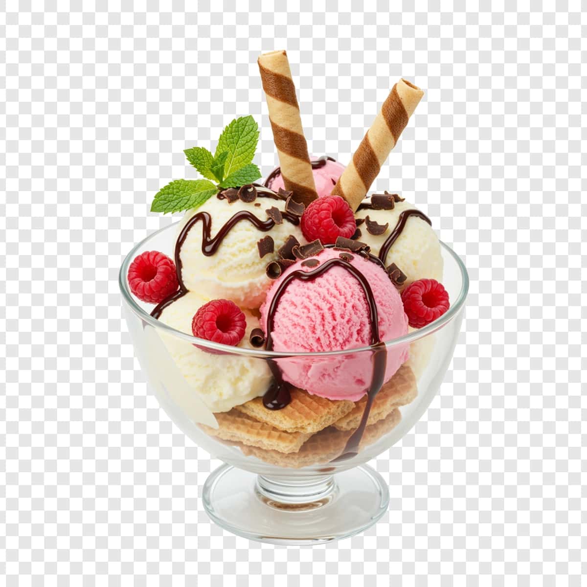 Yangi uzilgan rezavorlar bilan shaffof vafli mazali muzqaymoqli sundae | Delicious ice cream sundae with fresh berries wafers transparent 1