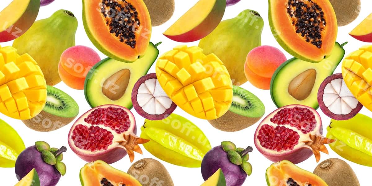 Tushyotgan ekzotik mevalar ajralgan oq | Falling exotic fruits isolated white 1