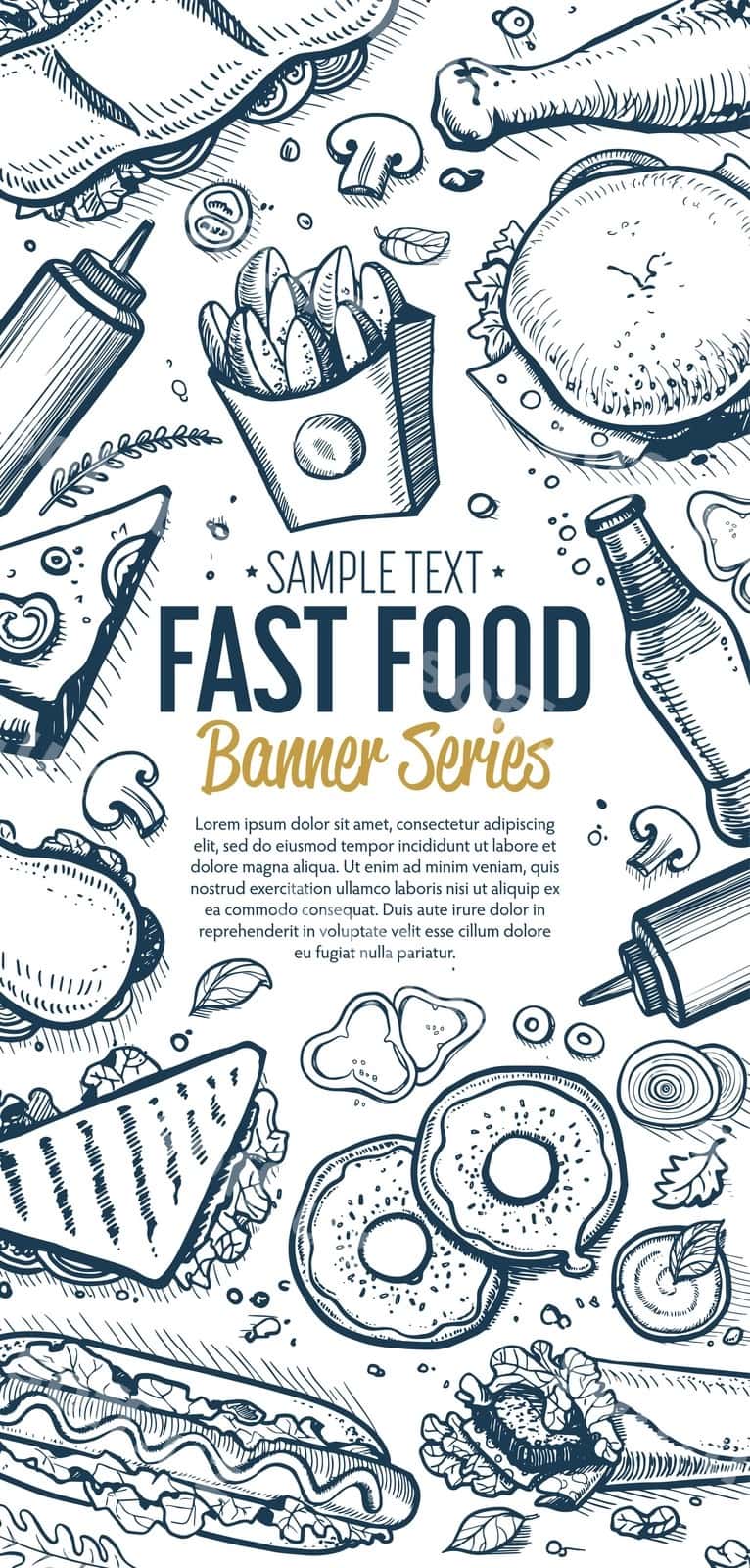 Fast tamaddi qilishga vertikal banner menyusi chiziladi | Fast food doodles vertical banner menu 1