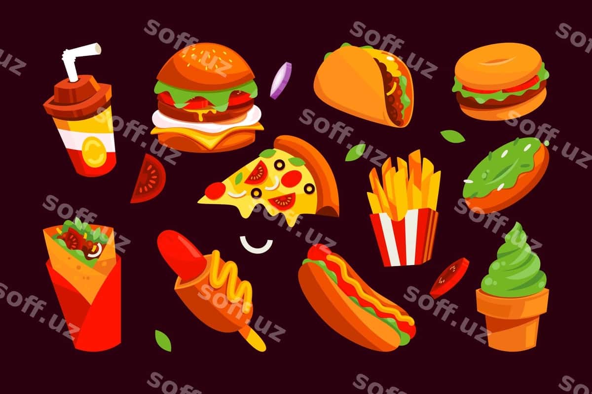 Fastfood restoran karyakatur ikonkalar komplekti | Fastfood restaurant cartoon icons set 1