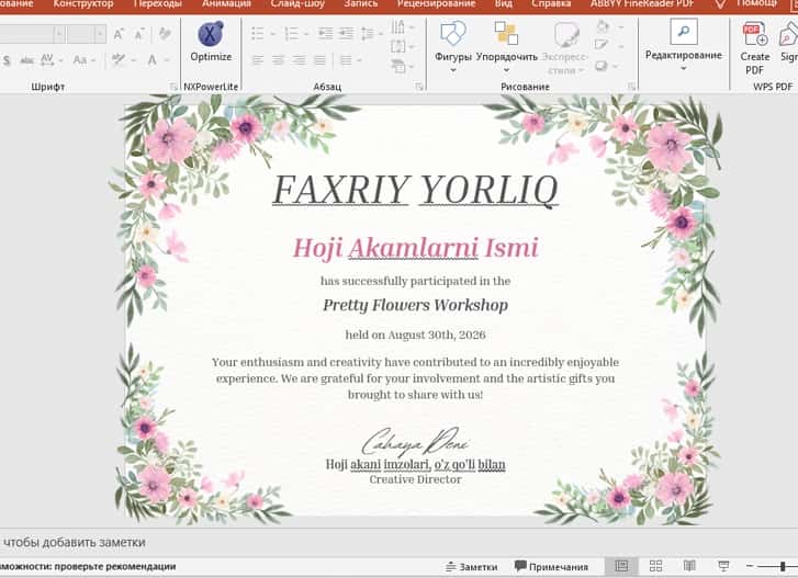 Faxriy yorliq shablon tayyori 2