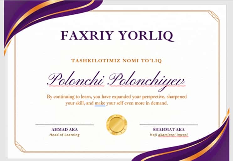 Faxriy yorliq shablon tayyori 2
