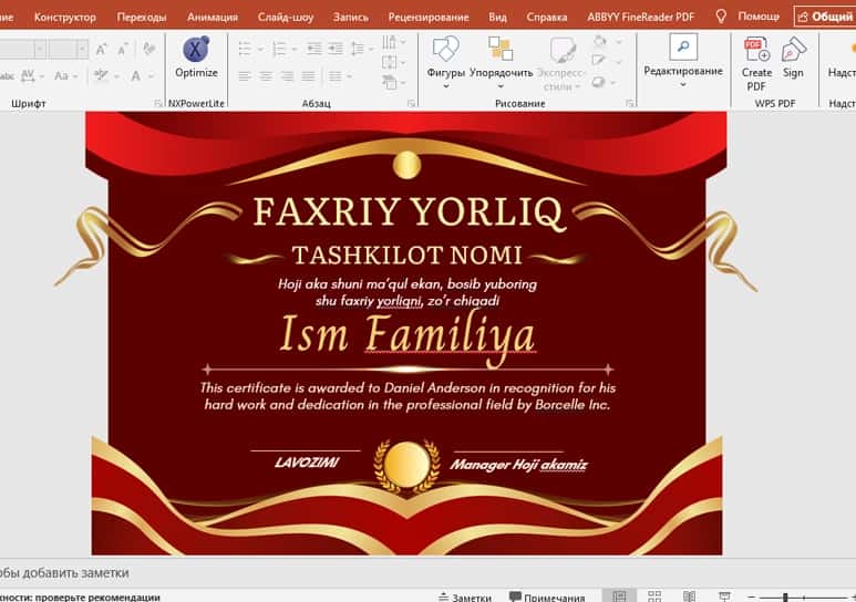 Faxriy yorliq shablon tayyori 2