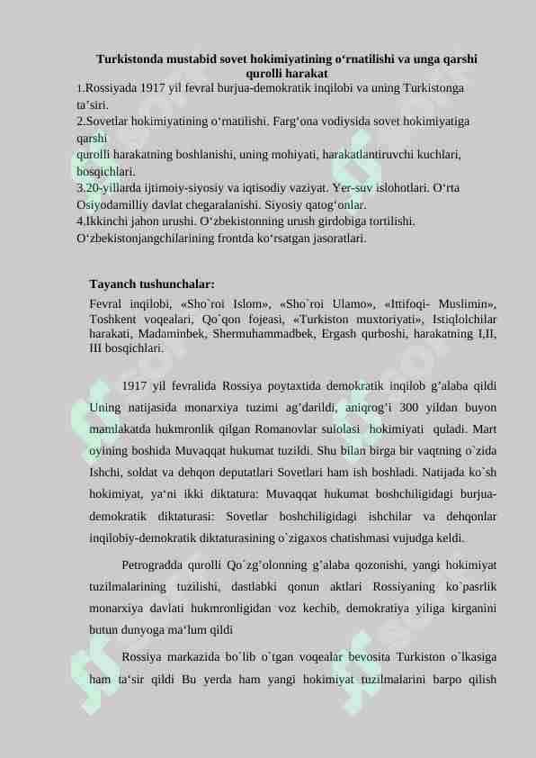 Turkistondа mustаbid sovet hokimiyatining о‘rnаtilishi vа ungа qаrshi qurolli hаrаkаt