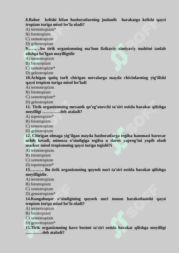 Hayvonot olamida psixik funktsiyalar evolyutsiyasi mavzusida test savollari 2