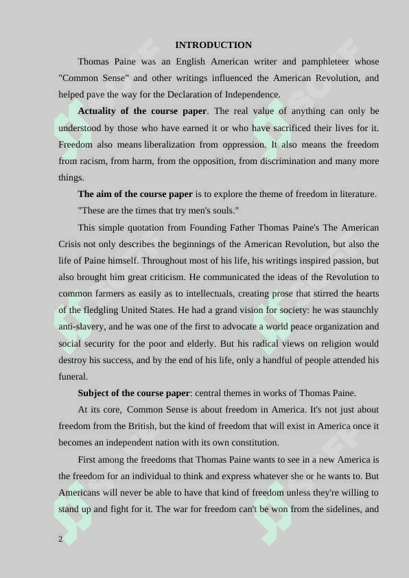 Central themes in early British literature Freedom in works of THOMAS PAINE 2