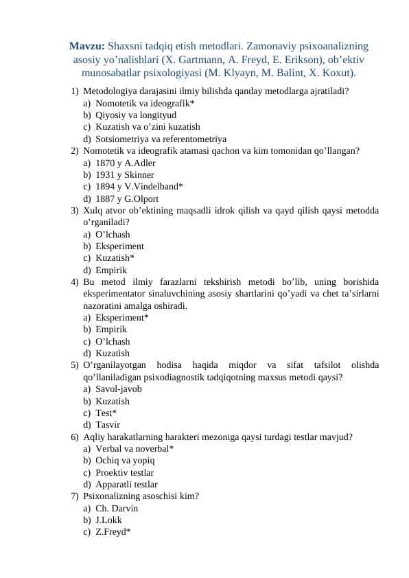 Shaxsni tadqiq etish metodlari mavzusida test savollar javoblari bilan