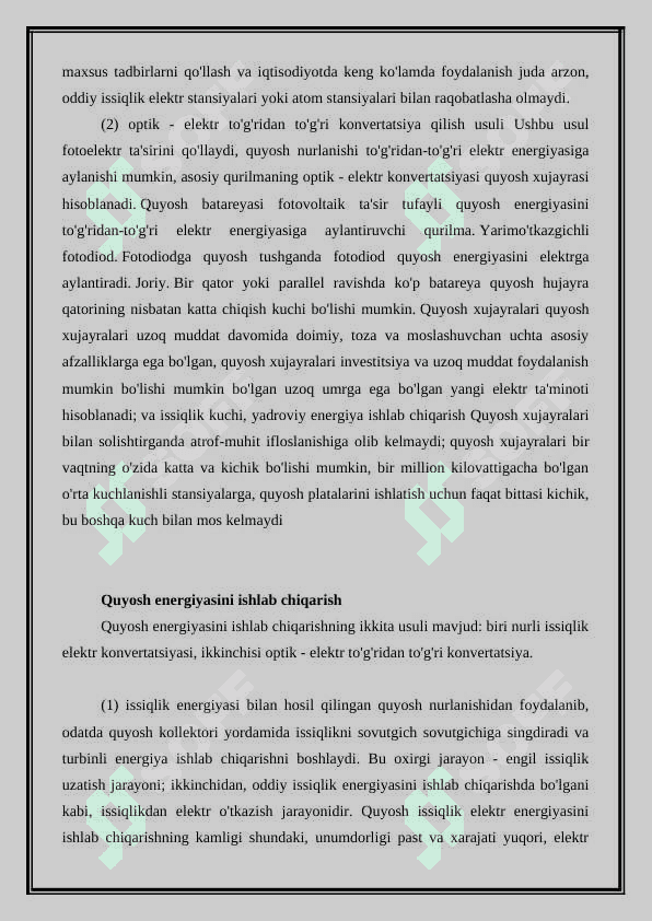 Alternativ Muqobil energiya olish va undan foydalanish 8