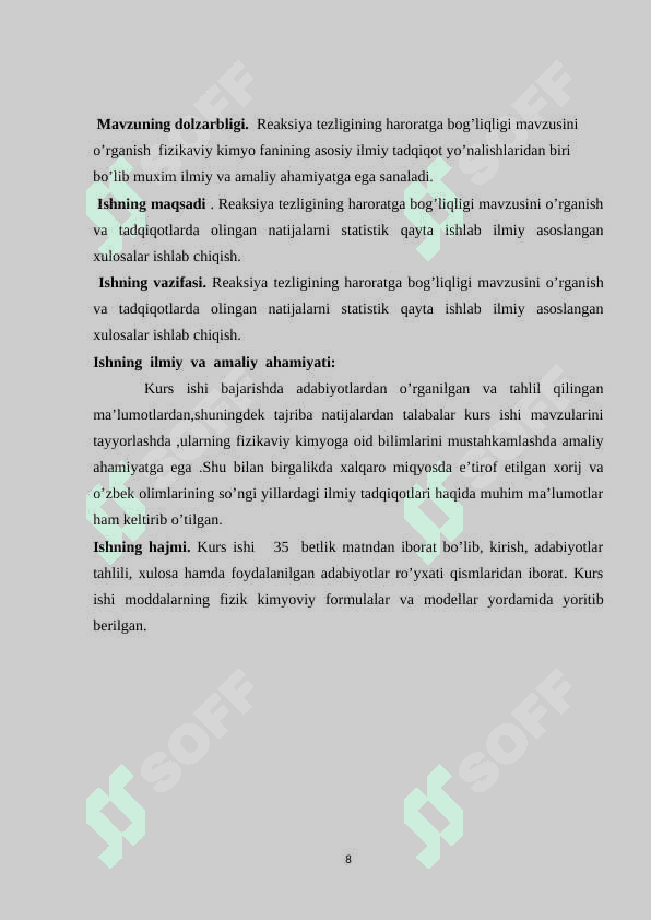 Reaksiya tezligining haroratga bog’liqligi kurs ishi 8