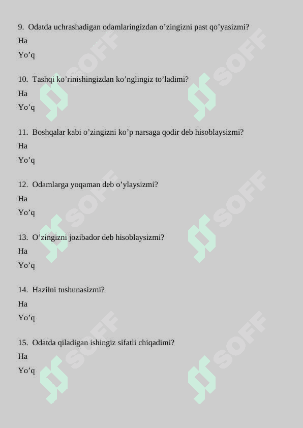 PSIXOLOGIK TEST (SAVOLLAR) HA YOKI YO’Q 3
