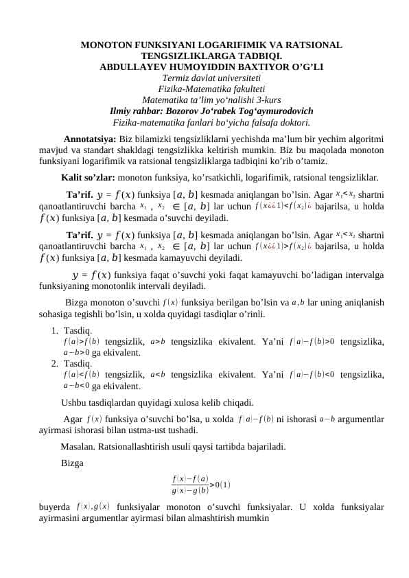 MONOTON FUNKSIYANI LOGARIFIMIK VA RATSIONAL TENGSIZLIKLARGA TADBIQI.