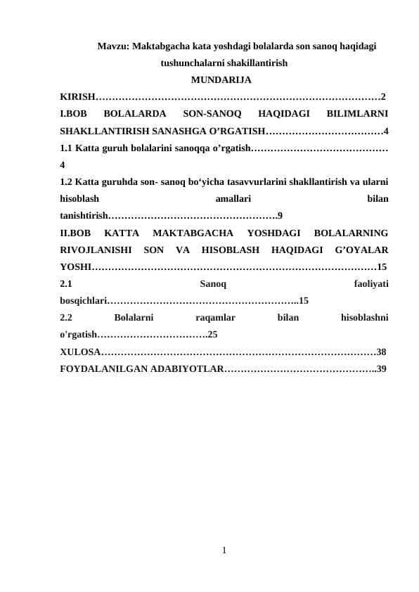 Maktabgacha kata yoshdagi bolalarda son sanoq haqidagi tushunchalarni shakillantirish kurs ishi
