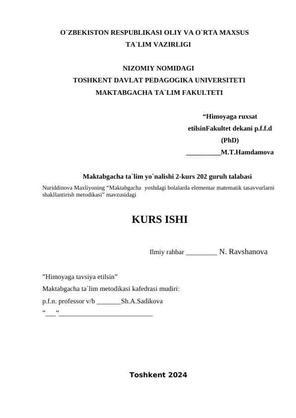 Maktabgacha  yoshdagi bolalarda elementar matematik tasavvurlarni shakllantirish metodikasi