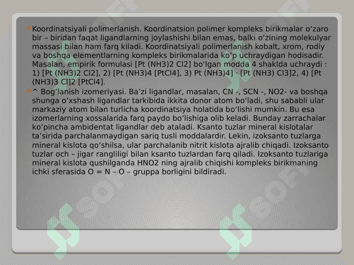 Kompleks birikmalarning izomeriyasi. Markaziy ionning ligand bilan elektrostatik  ta’sirlashuvi 4