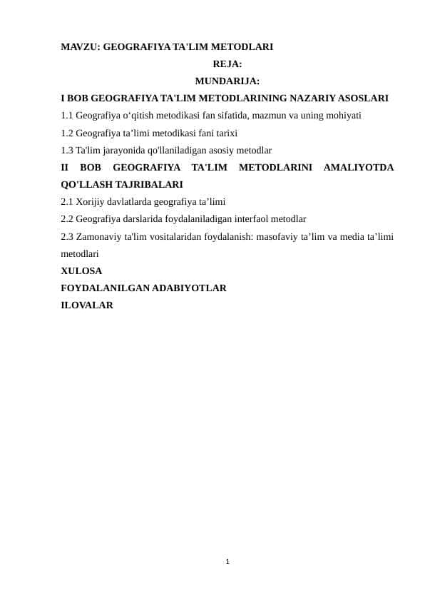 MAVZU: GEOGRAFIYA TA'LIM METODLARI 1