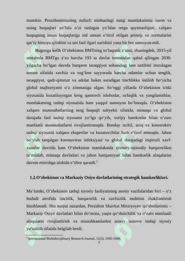 O‘ZBEKISTONNING MARKAZIY OSIYO DAVLATLARI BILAN O‘ZARO HAMKORLIGI 7