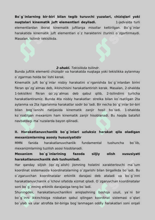 MASHINA VA MEXANIZMLARNING TUZILISH ASOSLARI. KINEMATIK JUFTLAR VA KINEMATIK ZANJIRLAR NAZARIYASI. MEXANIZMLARNING ERKINLIK DARAJASI 2