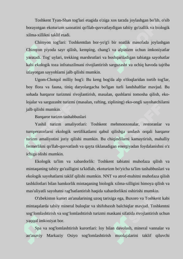 Toshkent turistik mintaqasi imkoniyatlari 8