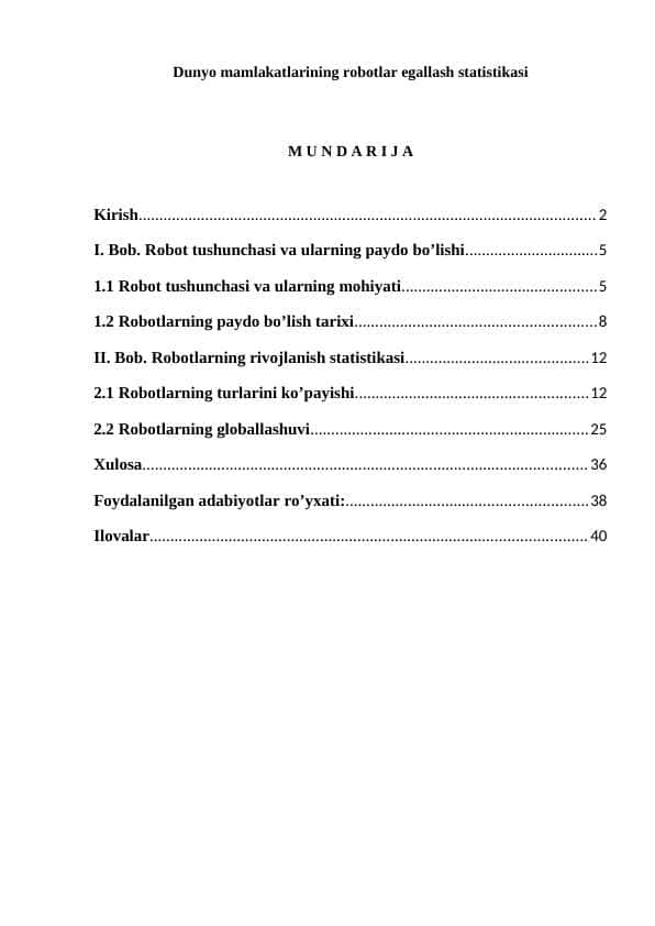 Dunyo mamlakatlarining robotlar egallash statistikasi