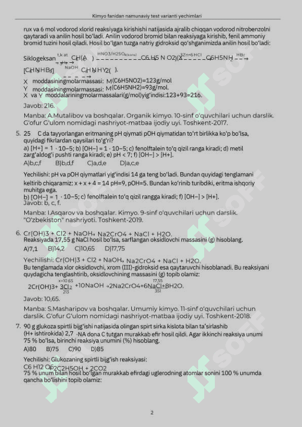 Kimyo fanidan test javobi bilan 2