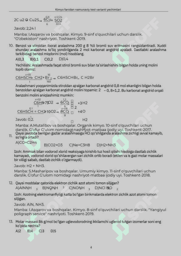 Kimyo fanidan test javobi bilan 4
